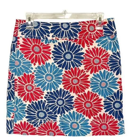 TALBOTS Y2K Retro Red Blue Floral Print Cotton Mini Denim Skirt Size 4 - Picture 1 of 12